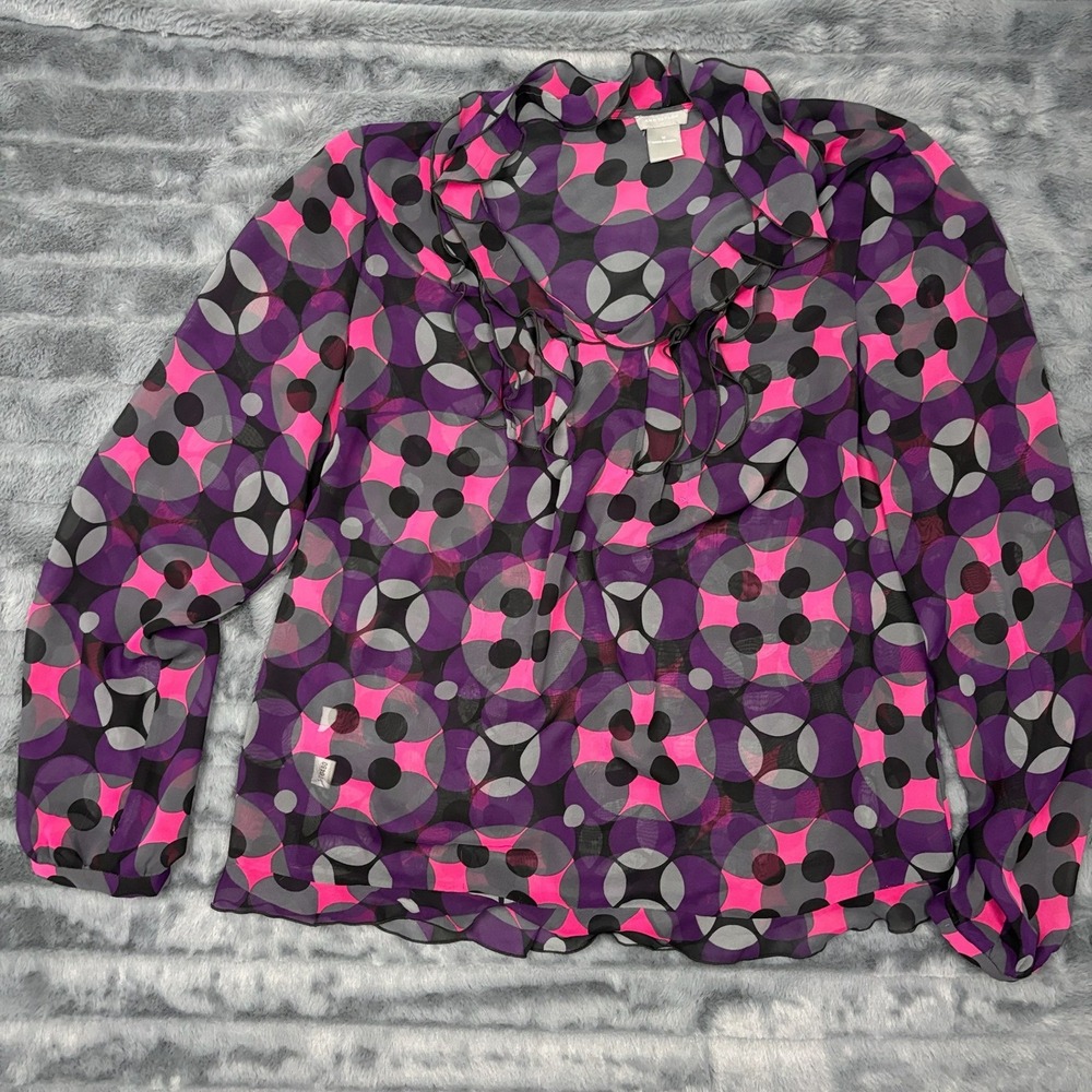 Ann Taylor Womens Blouse Size 12 Pink Purple Geometric Ruffle Neck Chiffon Top